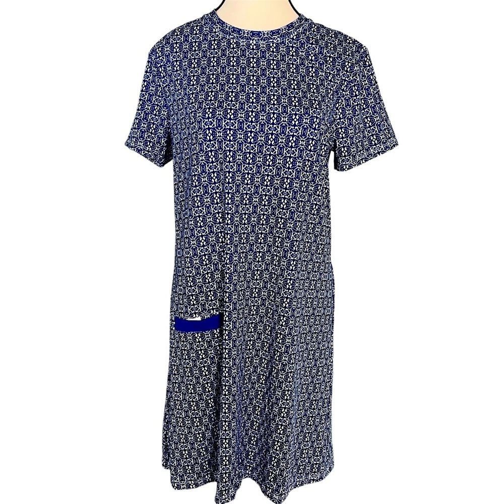 NWT Cabana Life Blue & White Short Sleeve Shift Dress UPF 50 Womans Size Small